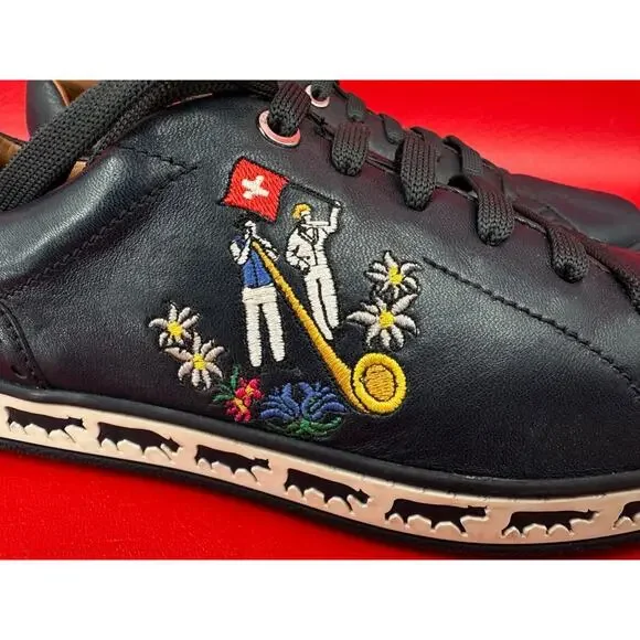 Bally Animal Anistern Navy Blue Leather Low Top Embroidered Sneakers Sz 6 1/2 D